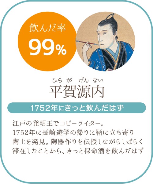 平賀源内(ひらがげんない)。1752年に長崎遊学の帰りに鞆に立ち寄る。陶土を発見し陶器作りを伝授しながらしばらく滞在したことから、きっと保命酒を飲んだはず!